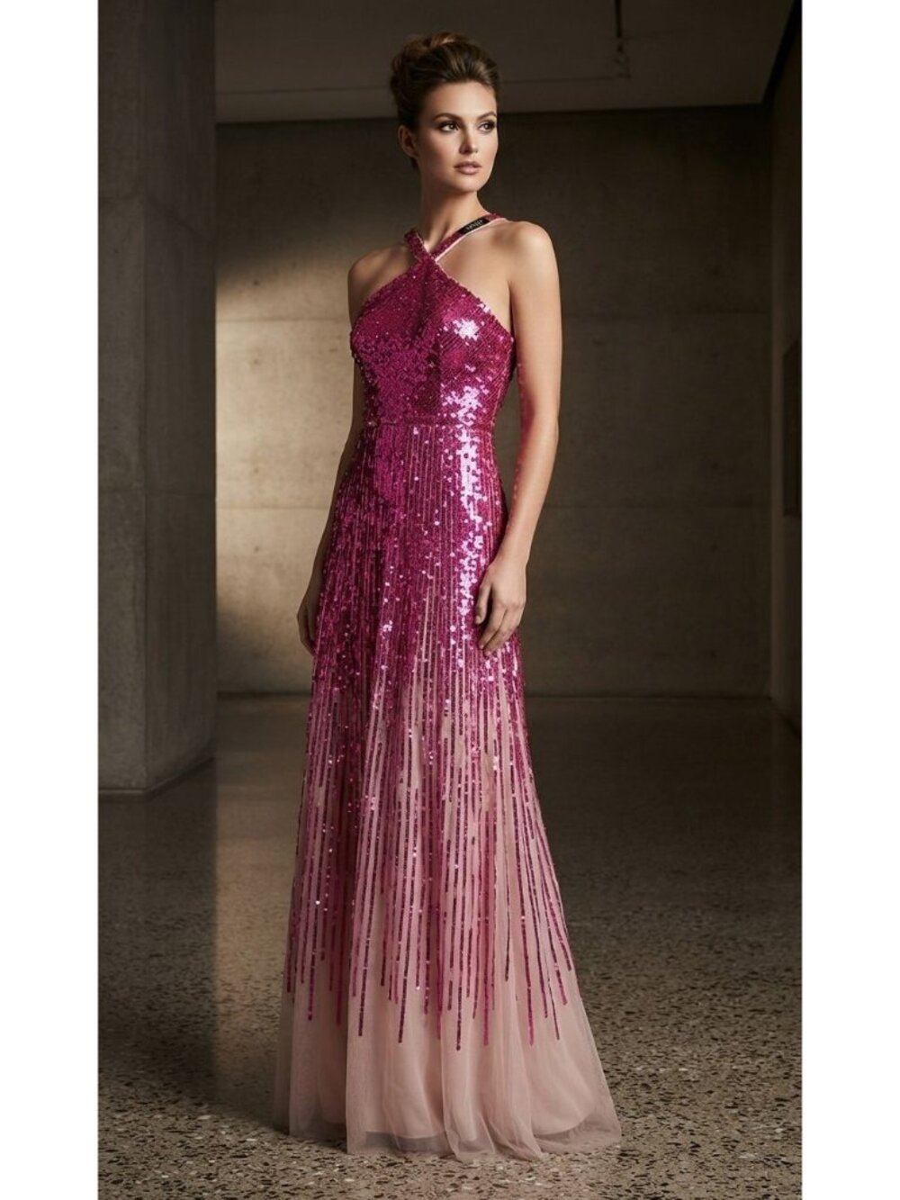 Mac Duggal Women's 2 Sequin Gown Bright Pink Cross Front Formal Evening Dress